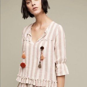MISA Marion Linen Cotton Striped Pom Tassel Blouse